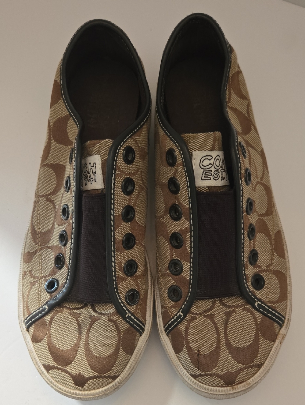 Coach Tan and Brown Signature Canvas Slip-On Sneakers
